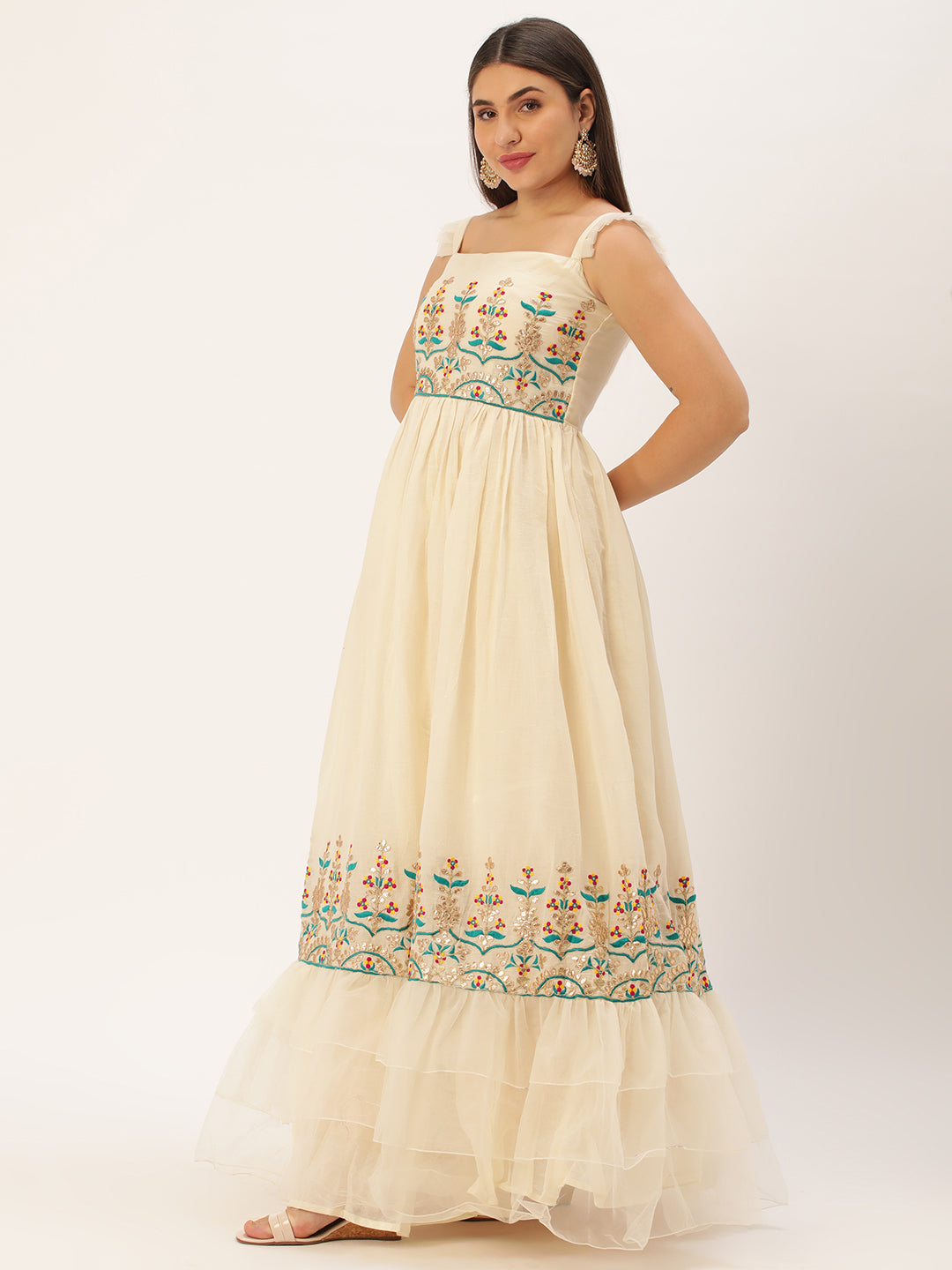 Bollywood Vogue Ready To Wear Off White Gota Patti Cotton Embroidered Gown - Side View