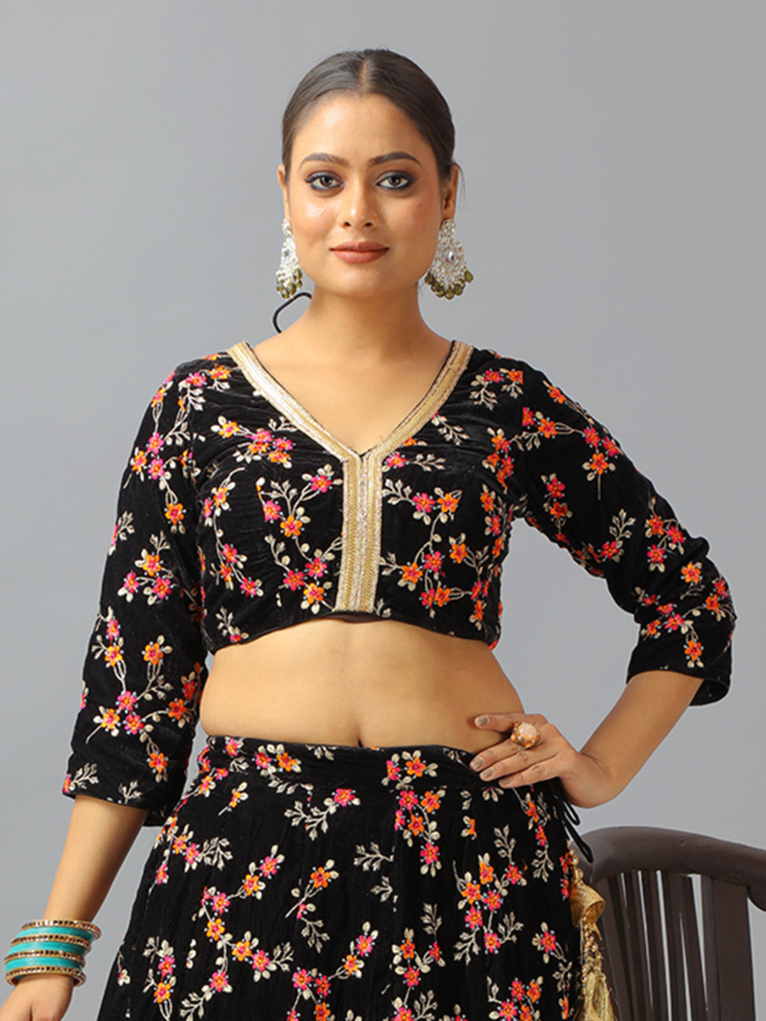 Bollywood Vogue Ready To Wear Black Velvet Embroidered Lehenga Set - Additional View 1