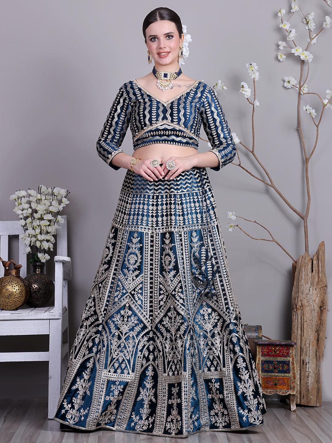 Bollywood Vogue Ready To Wear Classic Blouse With Teal Blue Velvet Lehenga - Side View