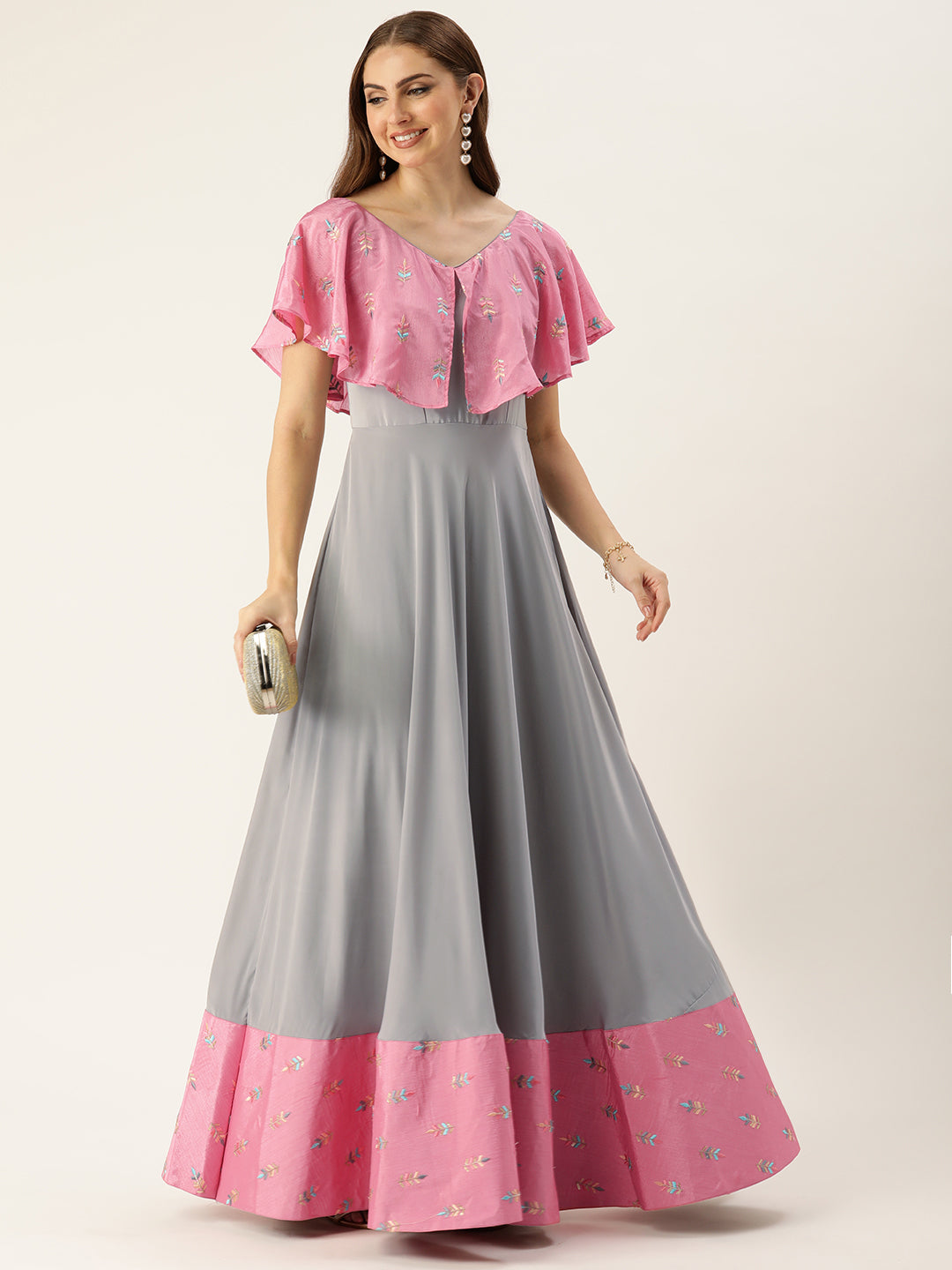 Bollywood Vogue Ready To Wear Grey Art Silk N Pink Chinon Zero Shoulder Style Gown - Front View