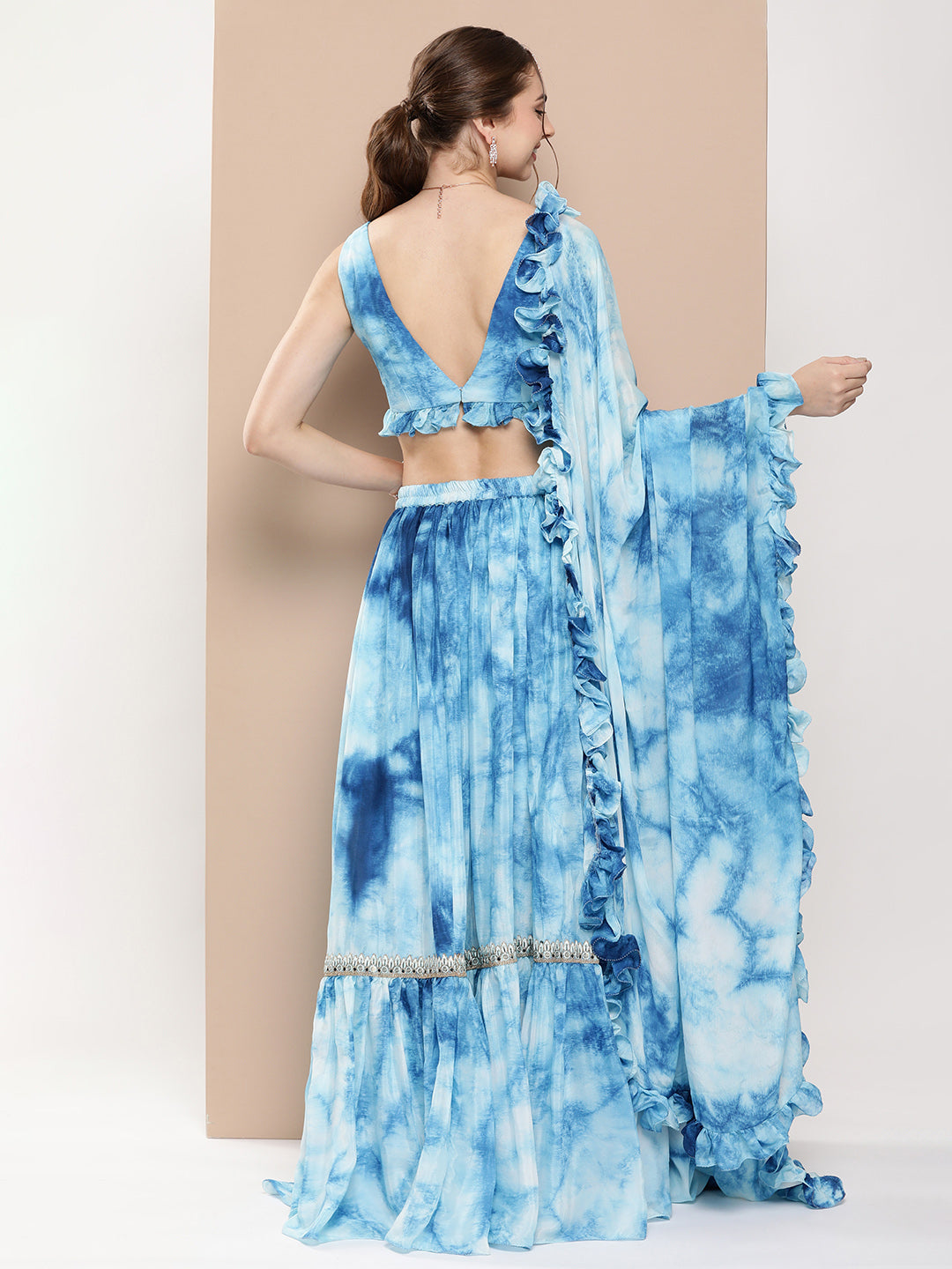 Bollywood Vogue Ready To Wear Multicolored Tie Dye Chinon Lehenga Set - Back View