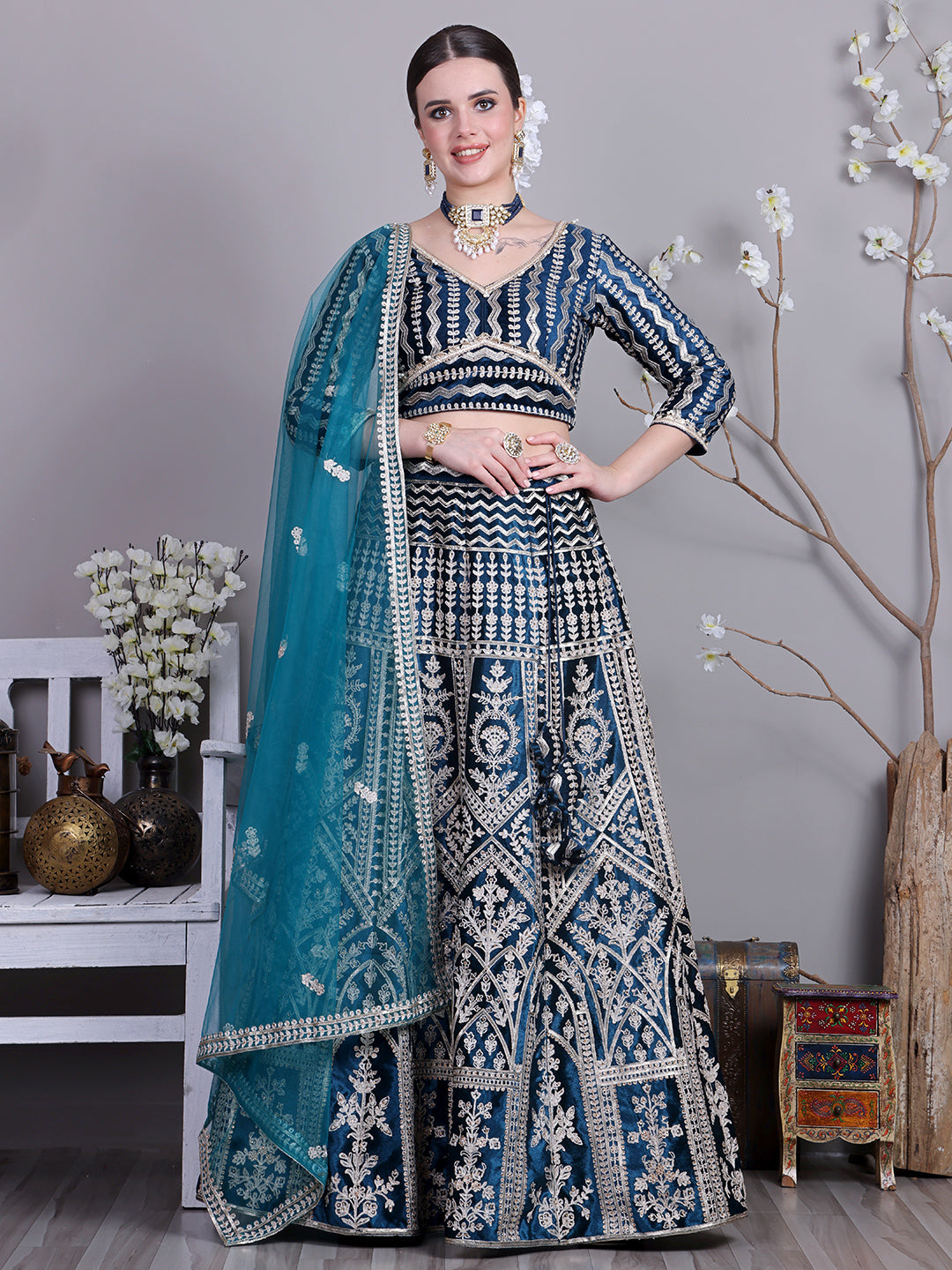 Bollywood Vogue Ready To Wear Classic Blouse With Teal Blue Velvet Lehenga - Front View