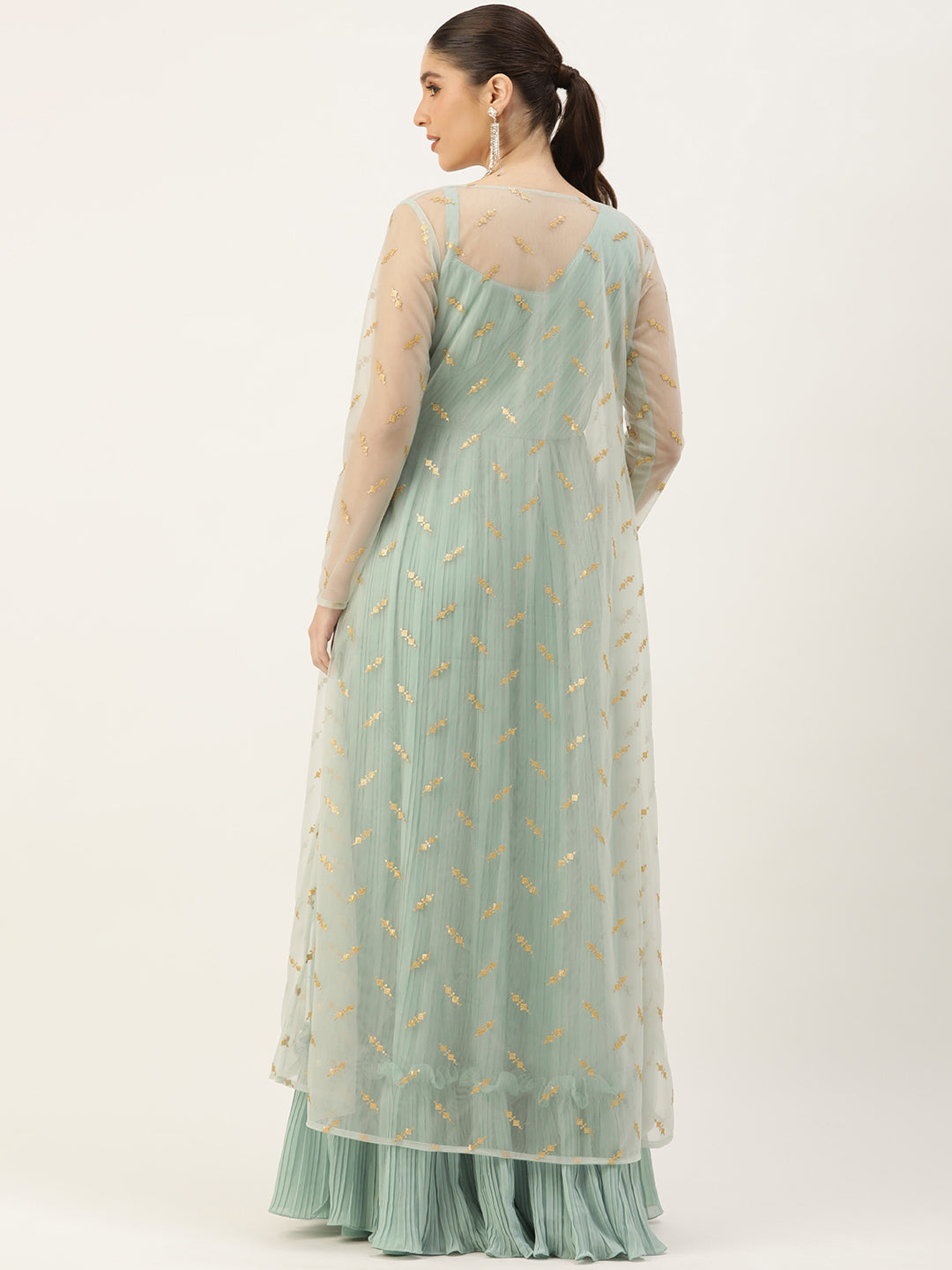 Bollywood Vogue Ready To Wear Green Pleated Georgette Gown N Embroidered Jacket - Side View