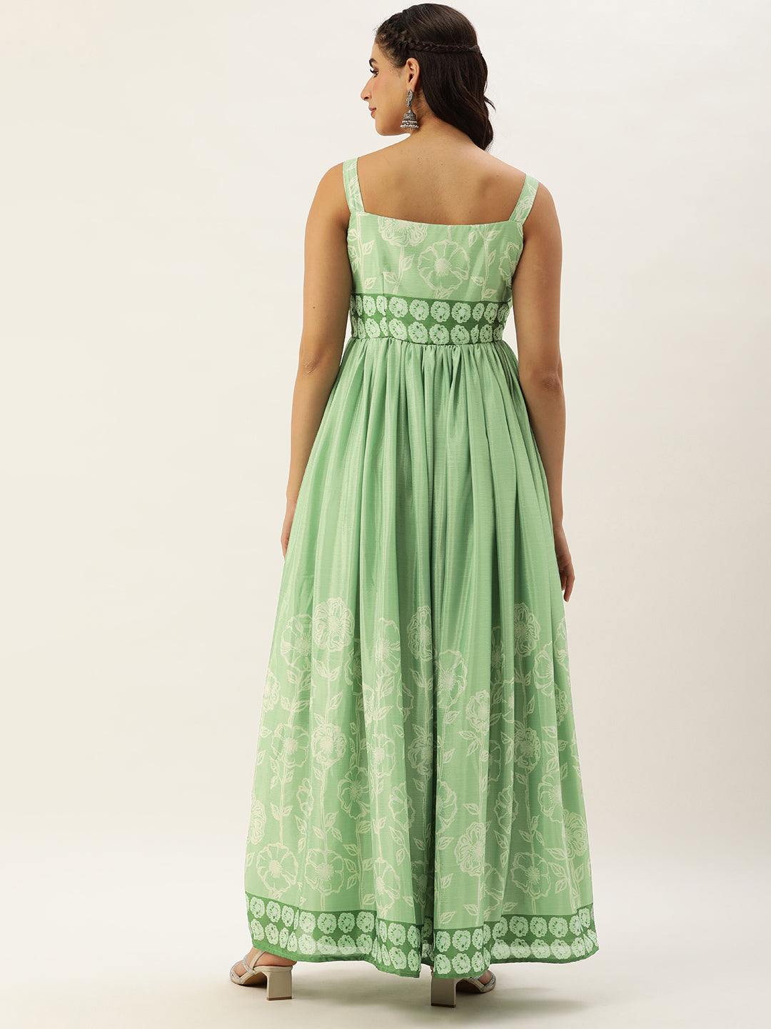 Bollywood Vogue Ready To Wear Green Digital Printed Chinon Gown - Back View
