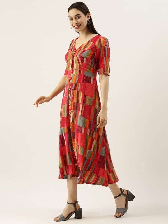 Bollywood Vogue Ready To Wear Multicolored Printed A Line Dress - Side View