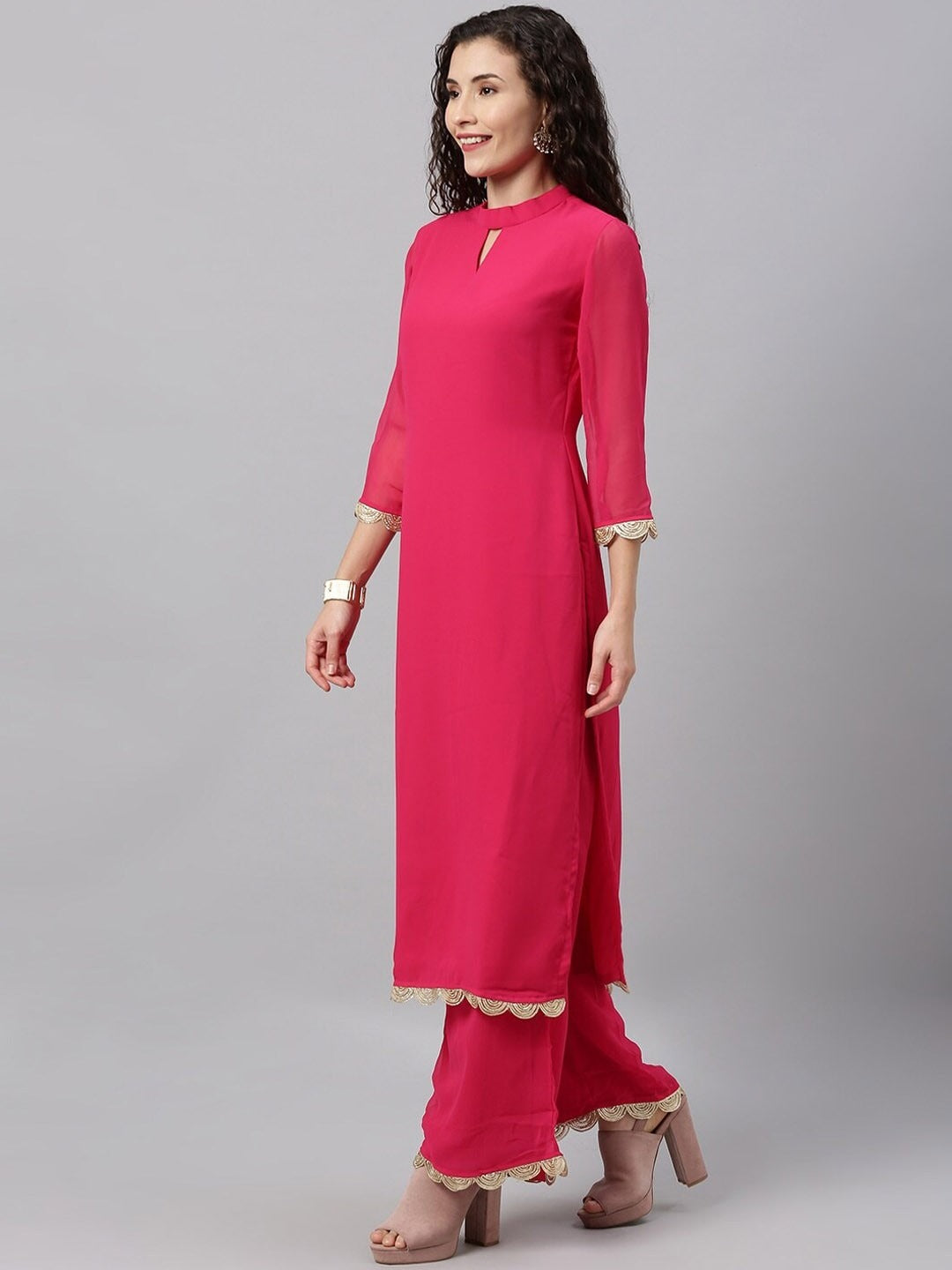 Bollywood Vogue Ready To Wear Pink N Multicolored Collar Neck Wide Leg Pant Set - Look Shot