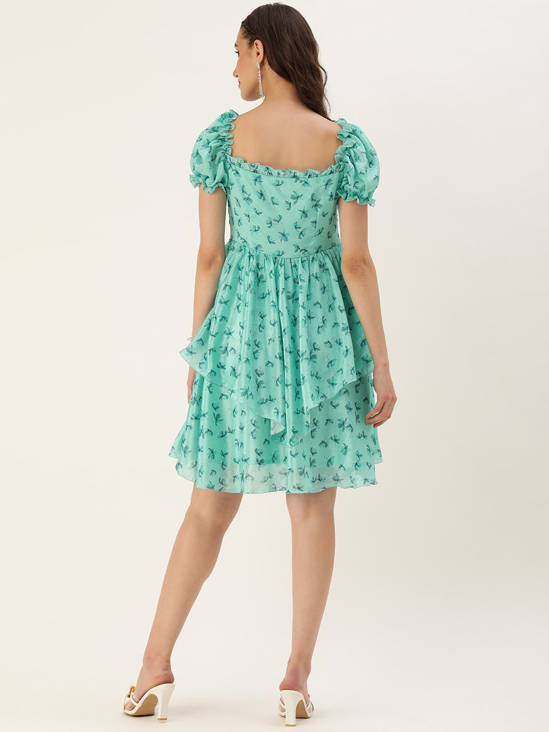 Bollywood Vogue Ready To Wear Mint Blue Chinon Digital Printed Dress - Back View