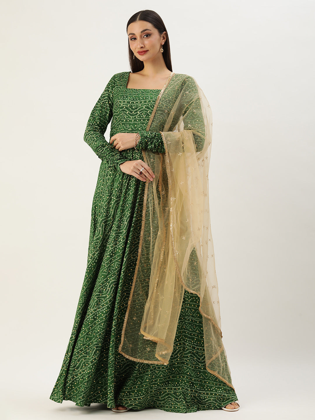 Bollywood Vogue Ready To Wear Green Bandhani Printed Rayon Gown With Dupatta Set - Front View