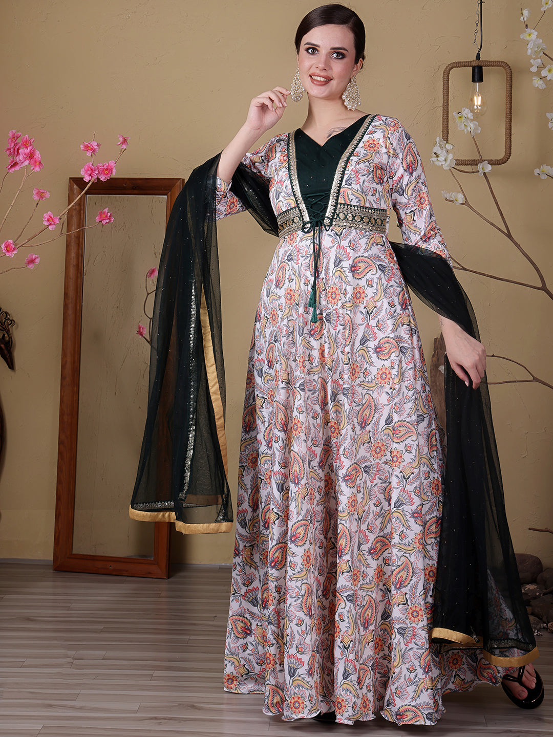 Bollywood Vogue Ready To Wear White N Green Satin Digital Printed Anarkali Suit - Front View