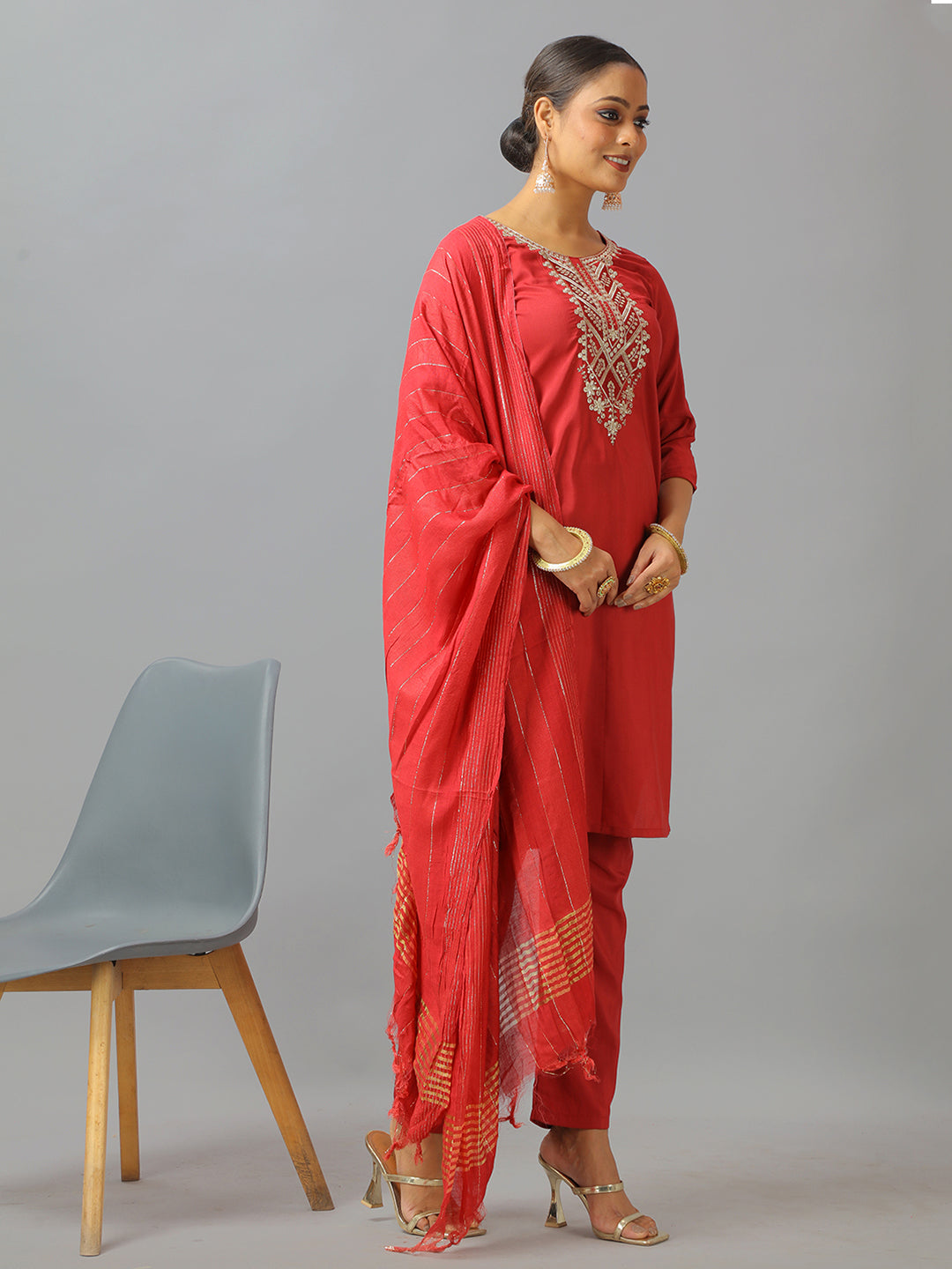Bollywood Vogue Ready To Wear Maroon Art Silk Embroidered Straight Pant Suit - Side View