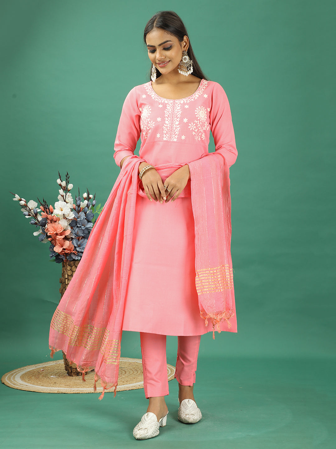 Bollywood Vogue Ready To Wear Pink Rayon Embroidered Narrow Straight Pant Suit - Front View