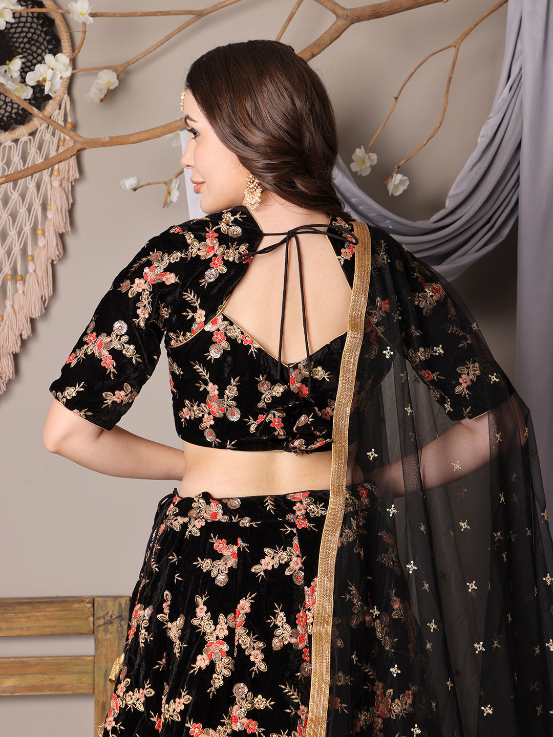 Bollywood Vogue Ready To Wear Black Embroidered Velvet Lehenga - Look Shot