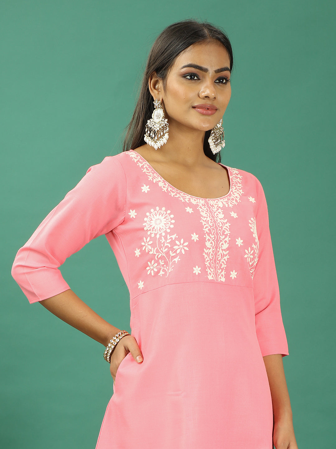 Bollywood Vogue Ready To Wear Pink Rayon Embroidered Narrow Straight Pant Suit - Detail View
