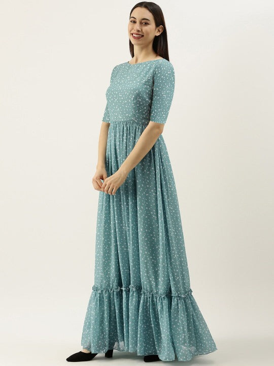 Bollywood Vogue Ready To Wear Blue N White Digital Printed Georgette Tiered Dress - Side View