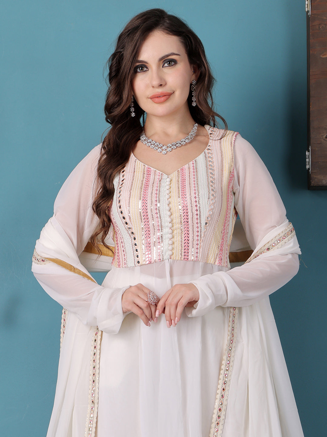 Bollywood Vogue Ready To Wear Off White Georgette Embroidered Anrakali Suit - Look Shot