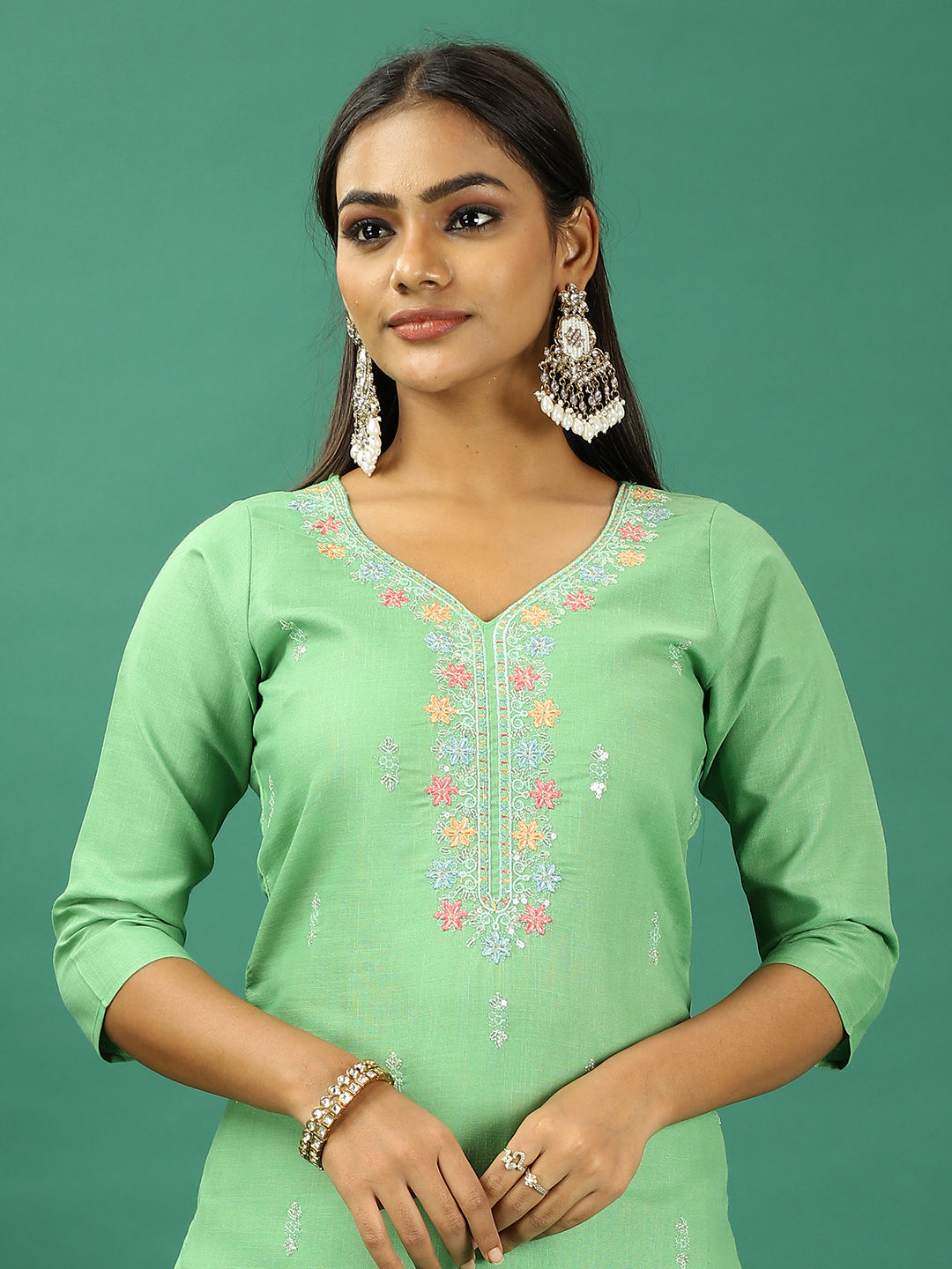 Bollywood Vogue Ready To Wear Green Rayon Embroidered Straight Pant Suit - Detail View