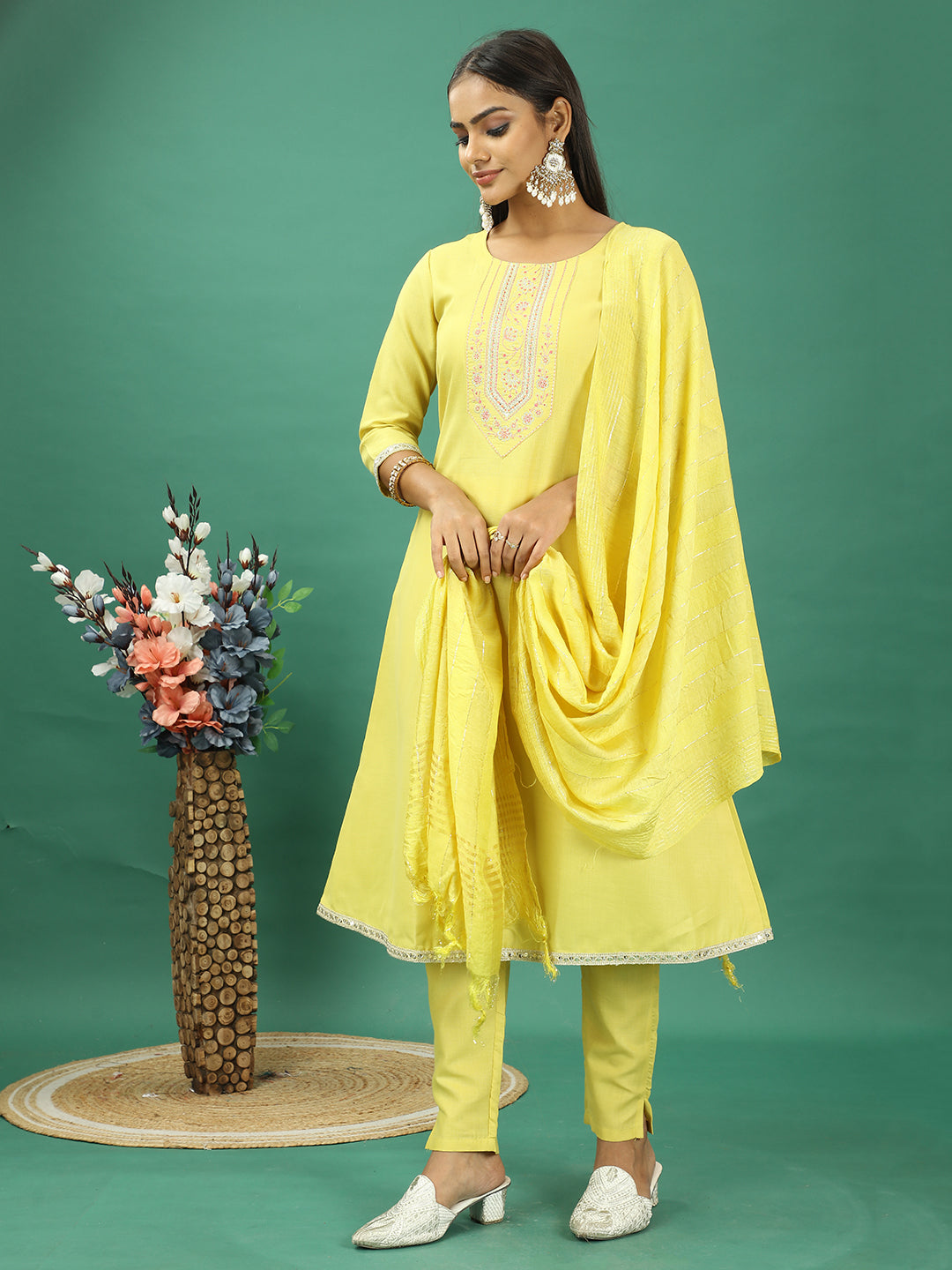 Bollywood Vogue Ready To Wear Yellow Rayon Embroidered Narrow Straight Pant Suit - Additional View 2