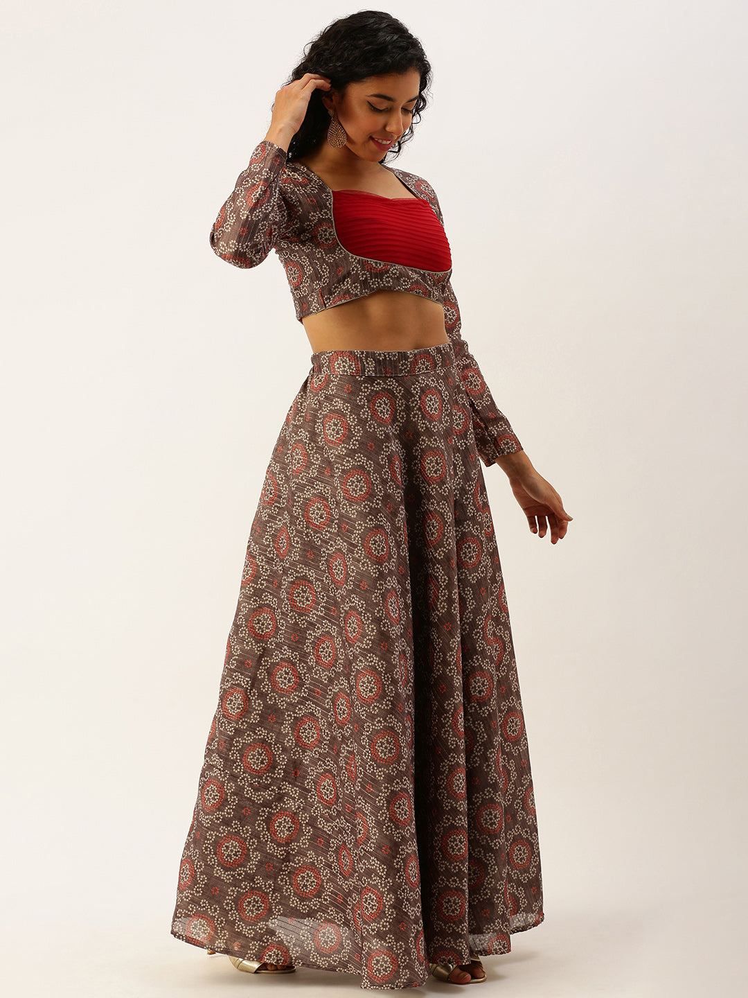 Bollywood Vogue Ready To Wear Grey Digital Print Art Silk Lehenga Set - Side View