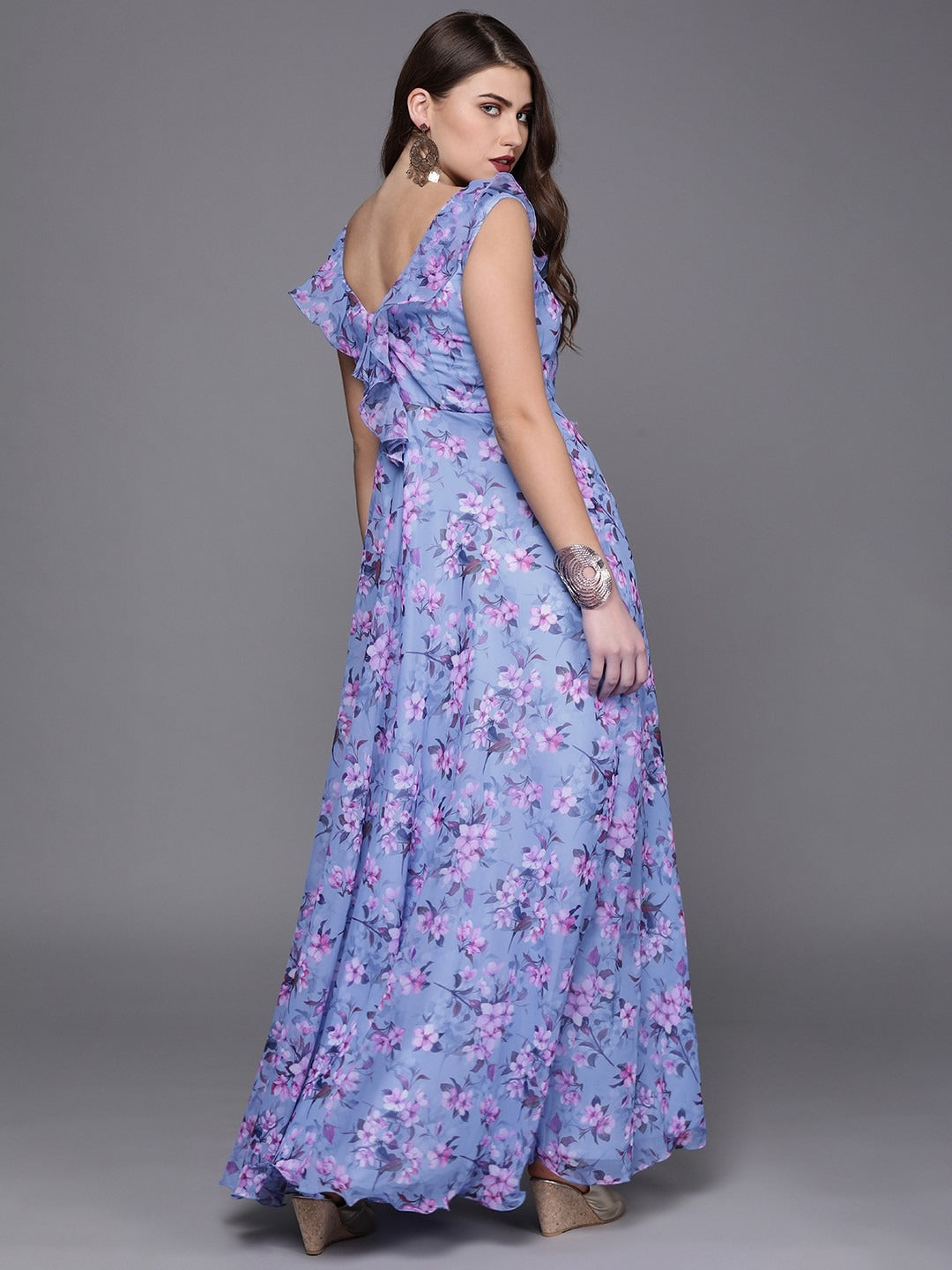 Bollywood Vogue Ready To Wear Blue Digital Print V Neck Gown - Back View