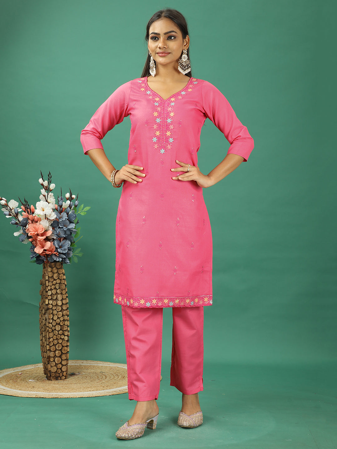 Bollywood Vogue Ready To Wear Pink Rayon Embroidered Straight Pant Suit - Side View