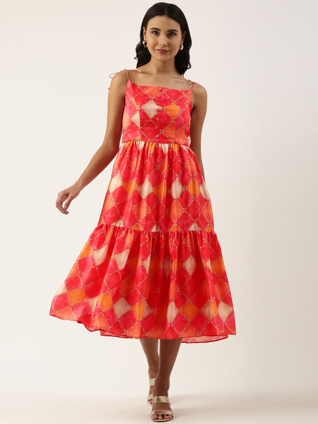 Bollywood Vogue Ready To Wear Multicolor Printed Gathered Style Midi Dress - Front View