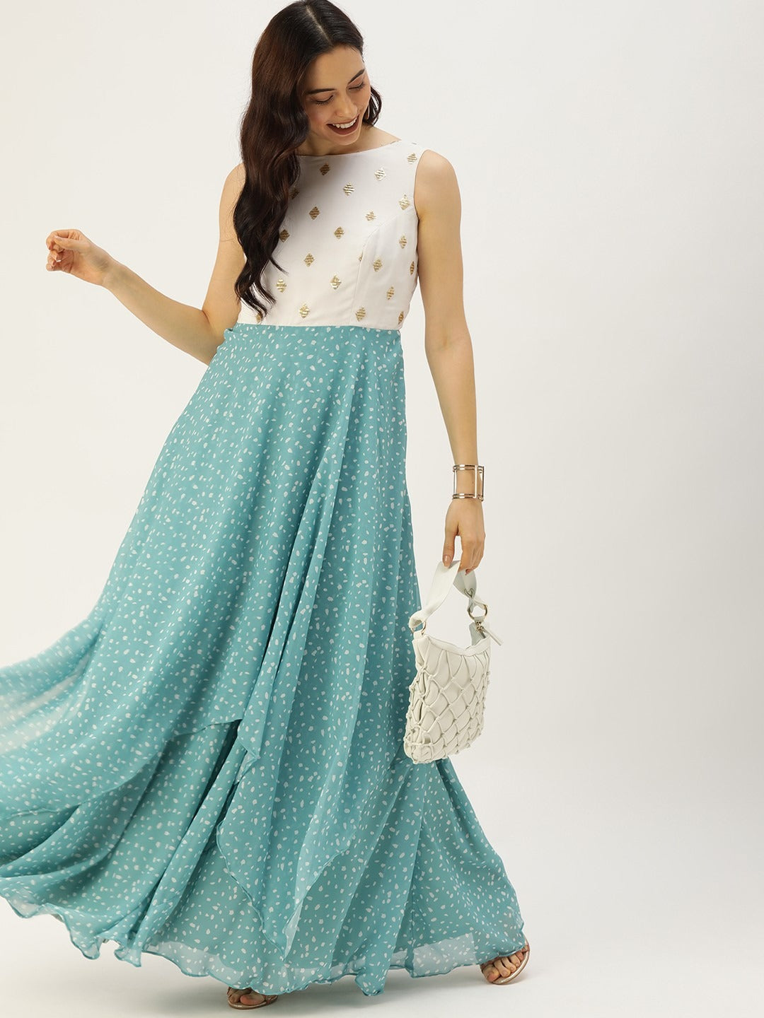 Bollywood Vogue Ready To Wear Blue N White Georgette Handkerchief Style Gown - Front View