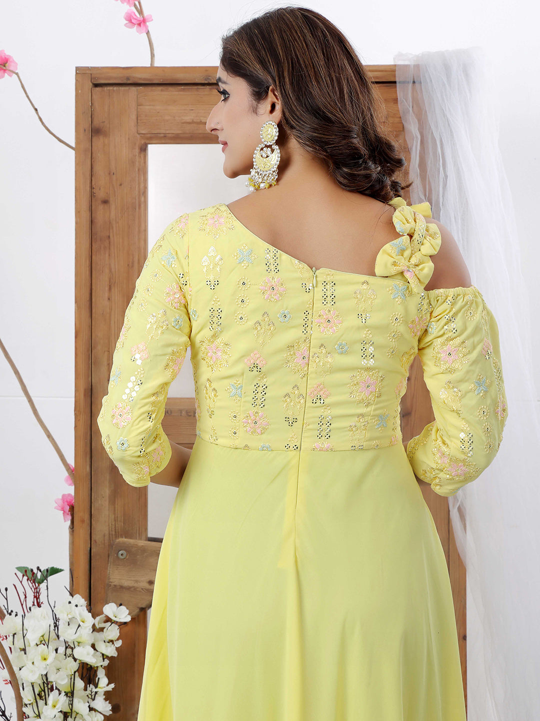 Bollywood Vogue Ready To Wear Yellow Georgette One Shoulder Style Gown - Look Shot