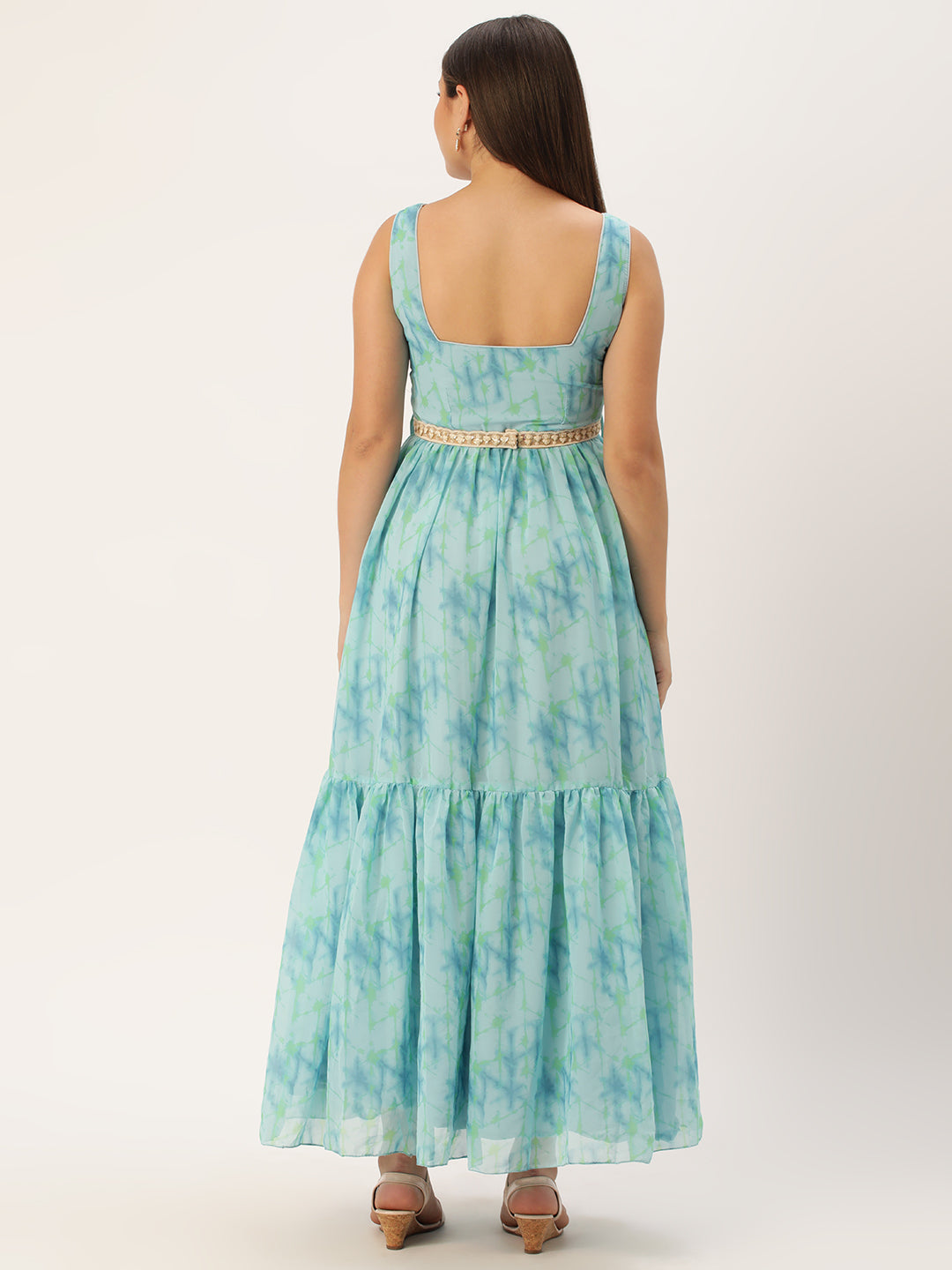 Bollywood Vogue Ready To Wear Blue Digital Print Tiered Dress - Back View