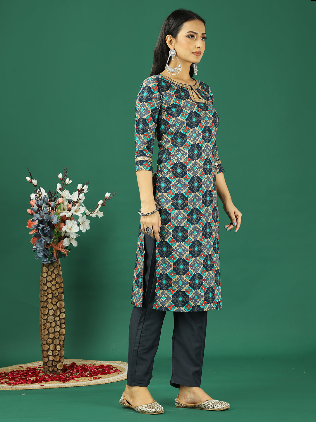 Bollywood Vogue Ready To Wear Multicolored Printed Viscose Kurta Set - Side View