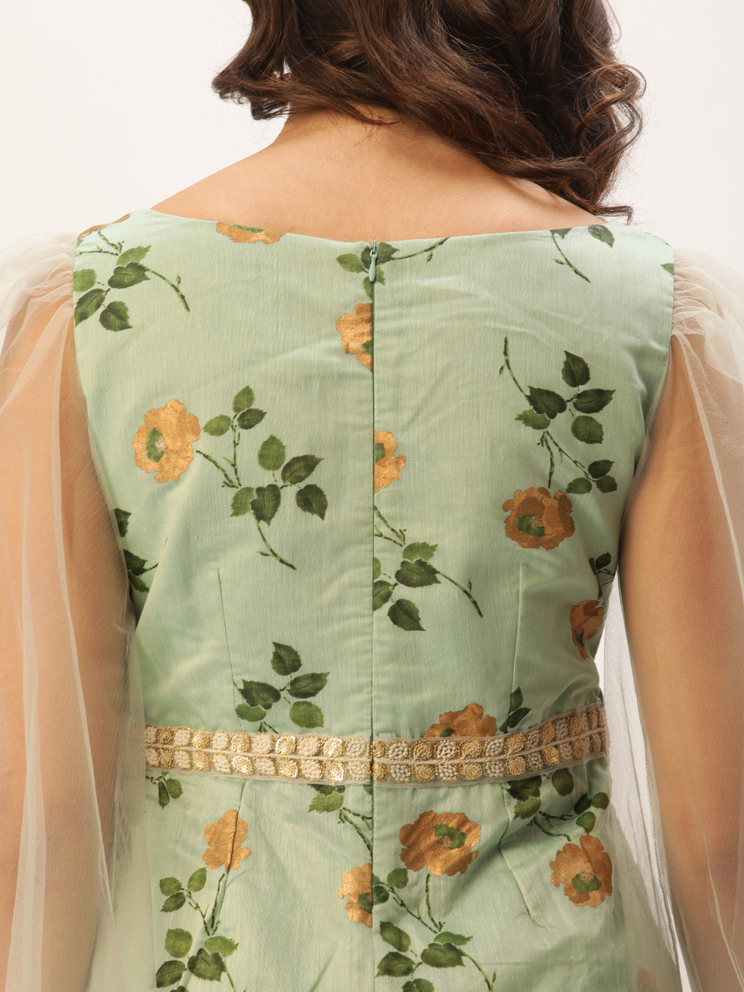 Bollywood Vogue Ready To Wear Green Art Silk Foli Print Jumpsuit - Back View