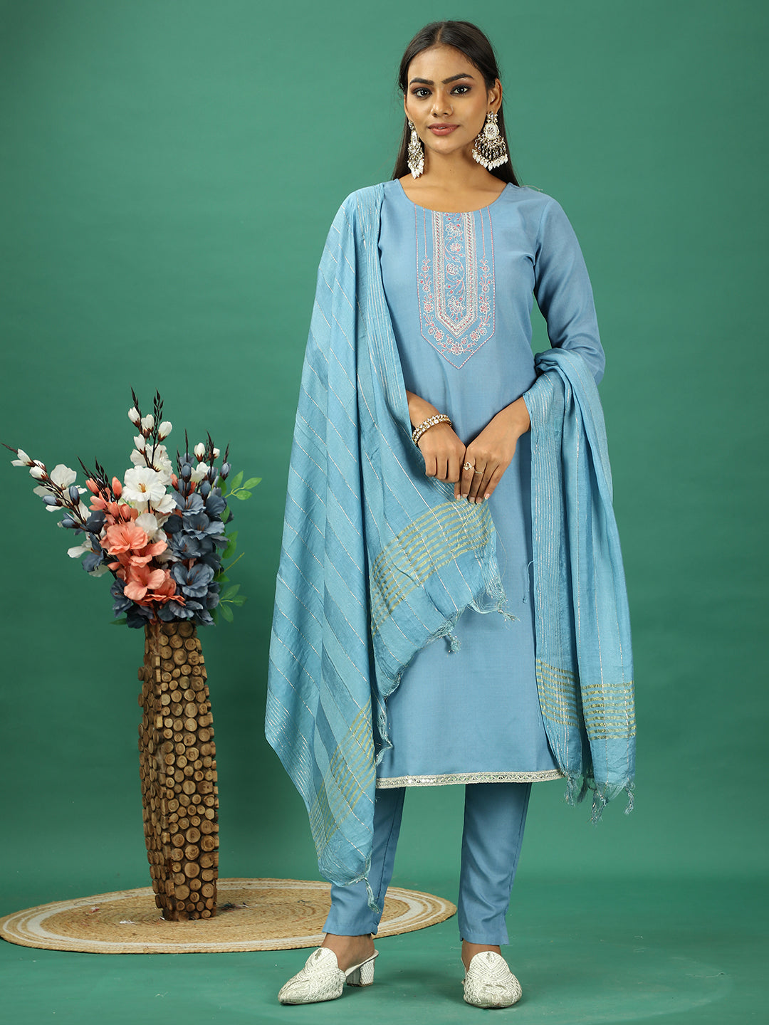Bollywood Vogue Ready To Wear Blue Rayon Embroidered Narrow Straight Pant Suit - Front View