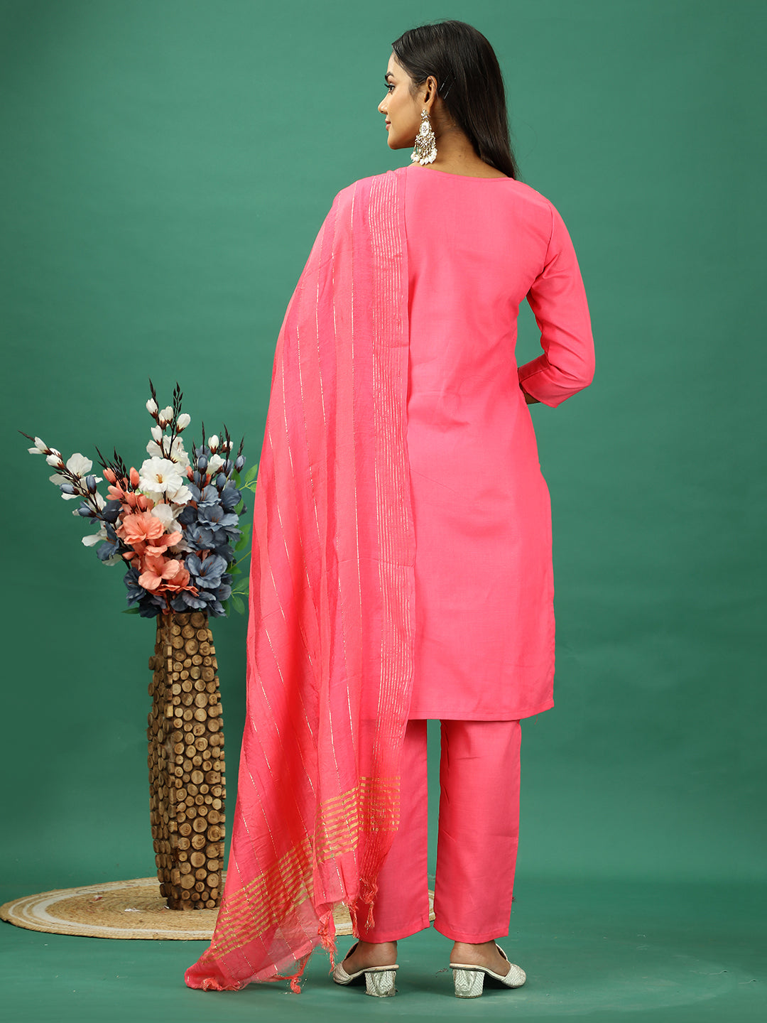 Bollywood Vogue Ready To Wear Pink Rayon Embroidered Straight Pant Suit - Back View
