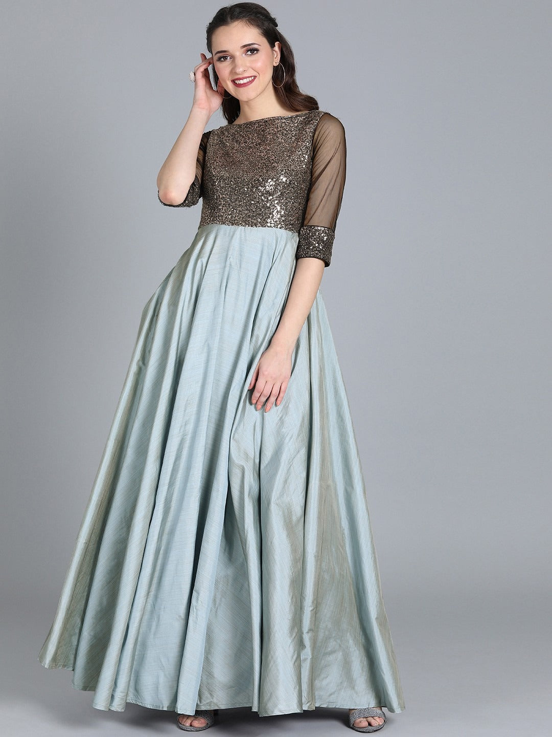 Bollywood Vogue Ready To Wear Grey Classic Full Flared Boat Neck Style Gown - Front View