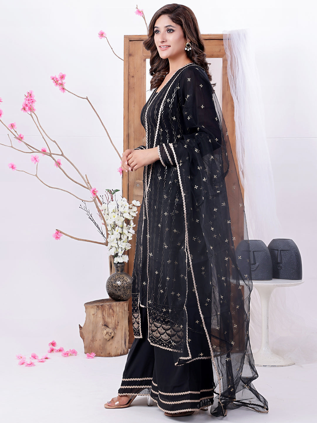 Bollywood Vogue Ready To Wear Black Georgette Embroidered Straight Suit N Palazzo - Side View