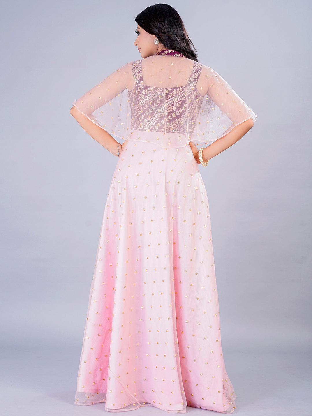 Bollywood Vogue Ready To Wear Wine Chinon N Pink Net Embroidered Gown With Cape - Back View