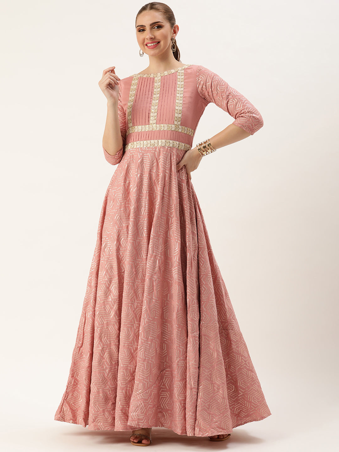 Bollywood Vogue Ready To Wear Mauve Sequins Embroidered Pleated Gown - Front View