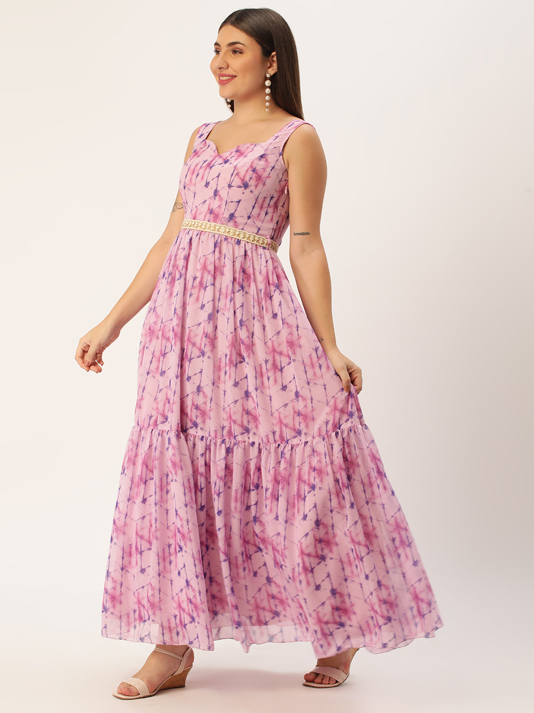 Bollywood Vogue Ready To Wear Multicolored Digital Printed Tiered Dress - Side View