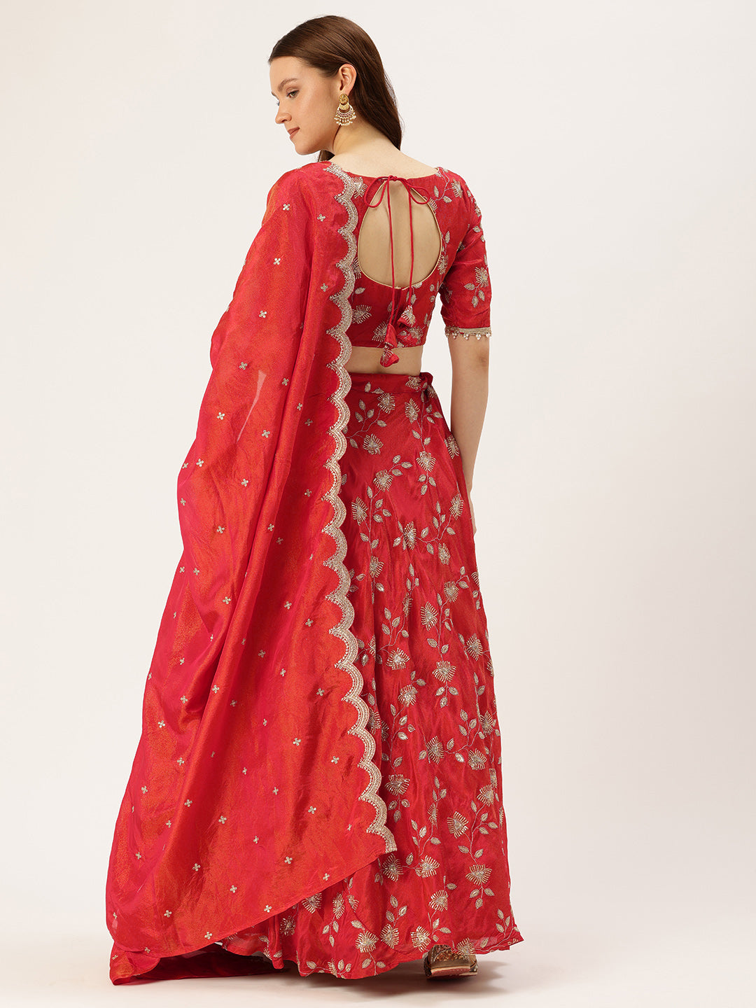 Bollywood Vogue Ready To Wear Classic Blouse N Red Viscose Embroidered Lehenga Set - Back View