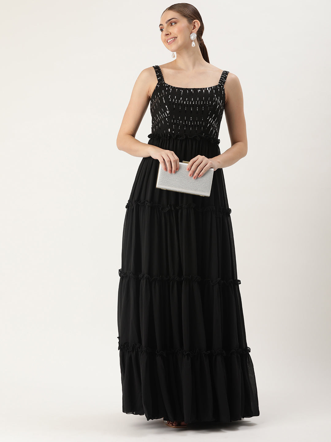 Bollywood Vogue Ready To Wear Black Georgette Sequins Gown - Front View