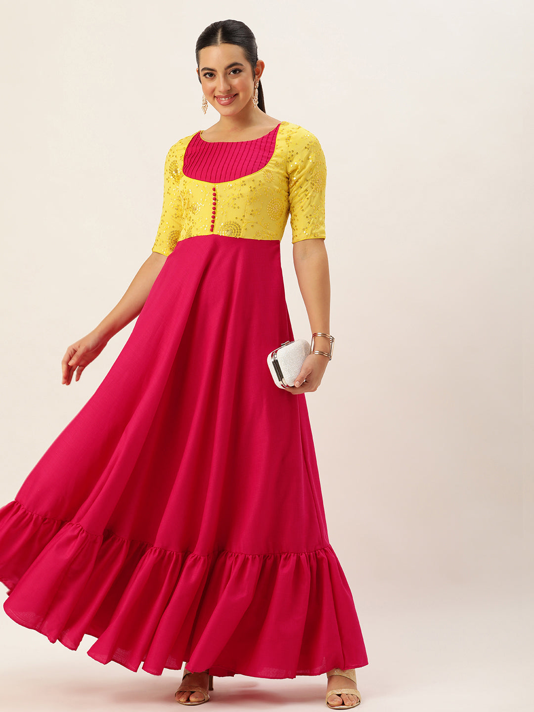 Bollywood Vogue Ready To Wear Yellow N Pink Chinon Embroidered Gown - Front View