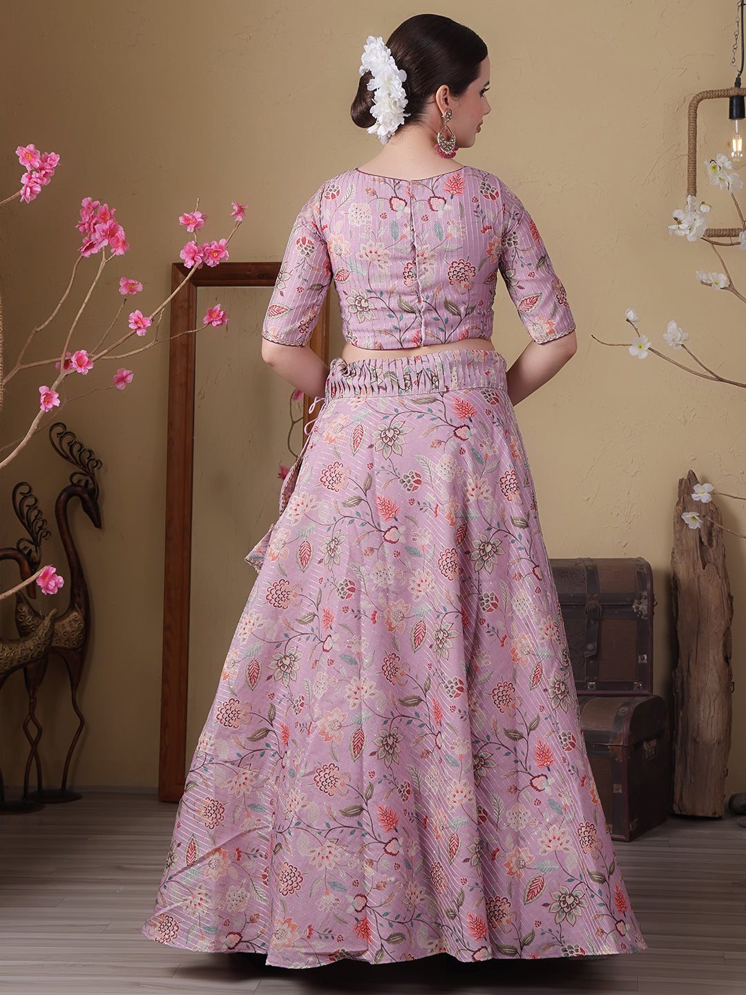 Bollywood Vogue Ready To Wear Mauve Digital Printed Boat Neck Lehenga - Detail View
