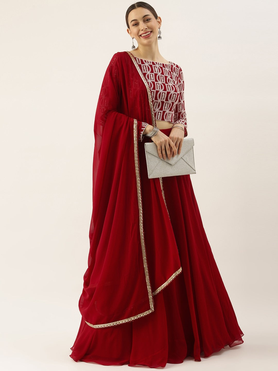 Bollywood Vogue Ready To Wear Maroon Georgette Embroidered Boat Neck Lehenga - Additional View 1