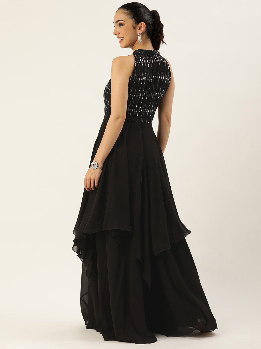 Bollywood Vogue Ready To Wear Black Embroidered Halter Neck Gown - Back View