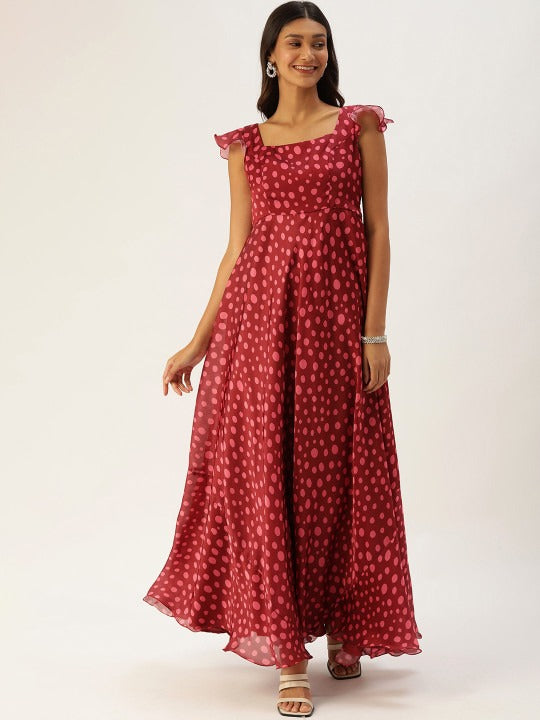 Bollywood Vogue Ready To Wear Maroon Satin Printed Bell Sleeve Gown - Detail View