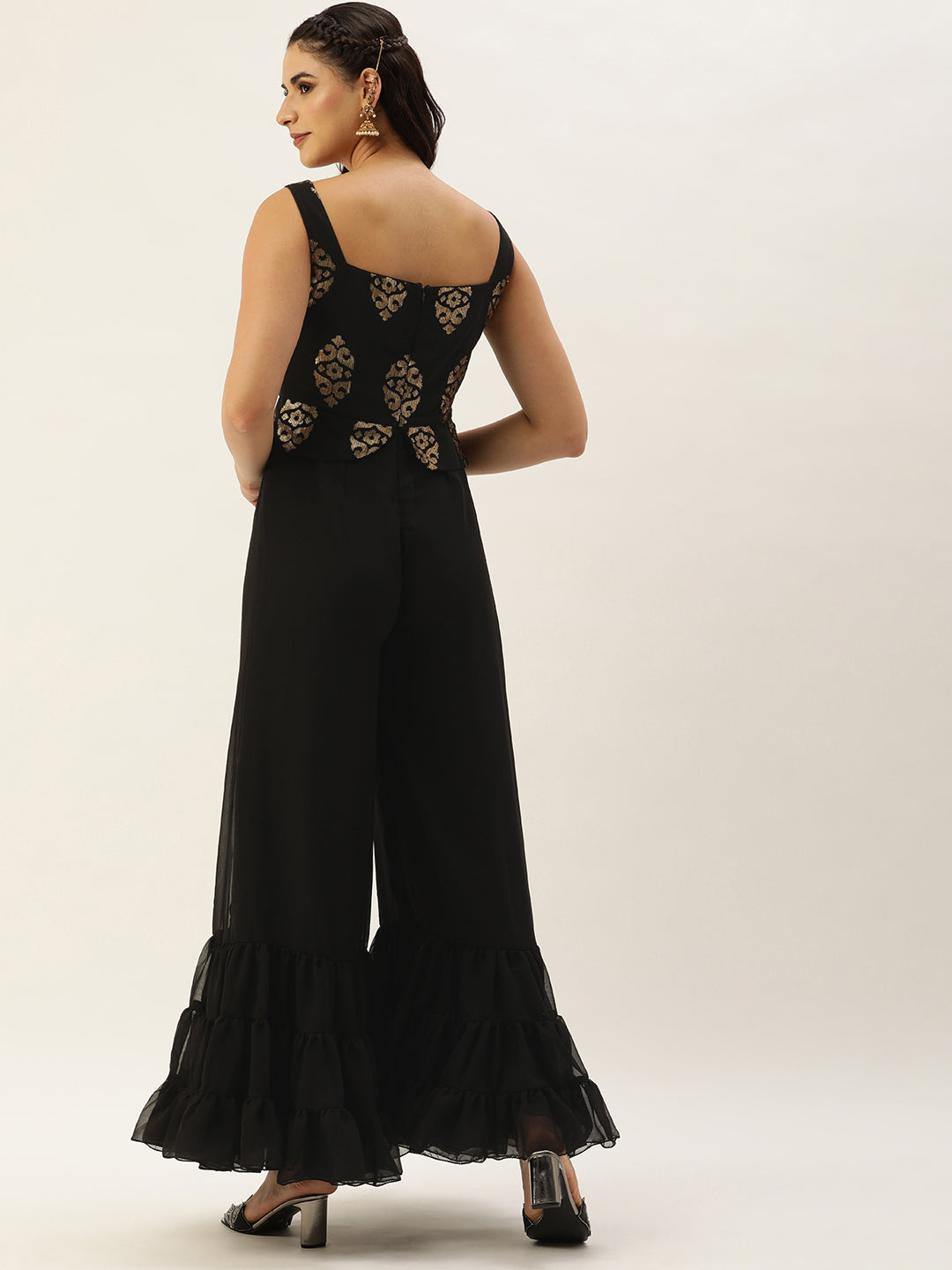 Bollywood Vogue Ready To Wear Black Georgette Sequins Jumpsuit - Back View