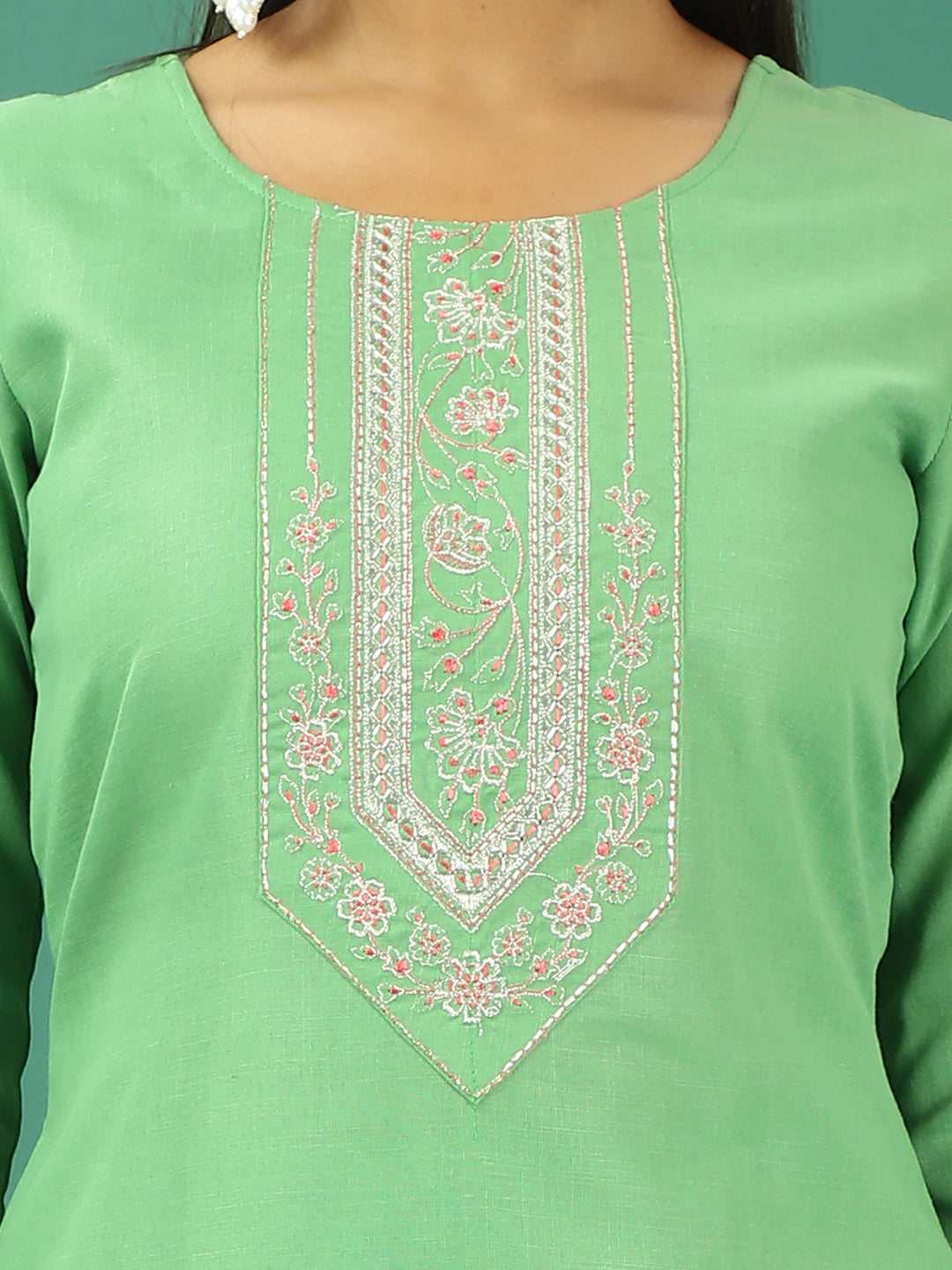 Bollywood Vogue Ready To Wear Green Rayon Embroidered Narrow Straight Pant Suit - Additional View 1