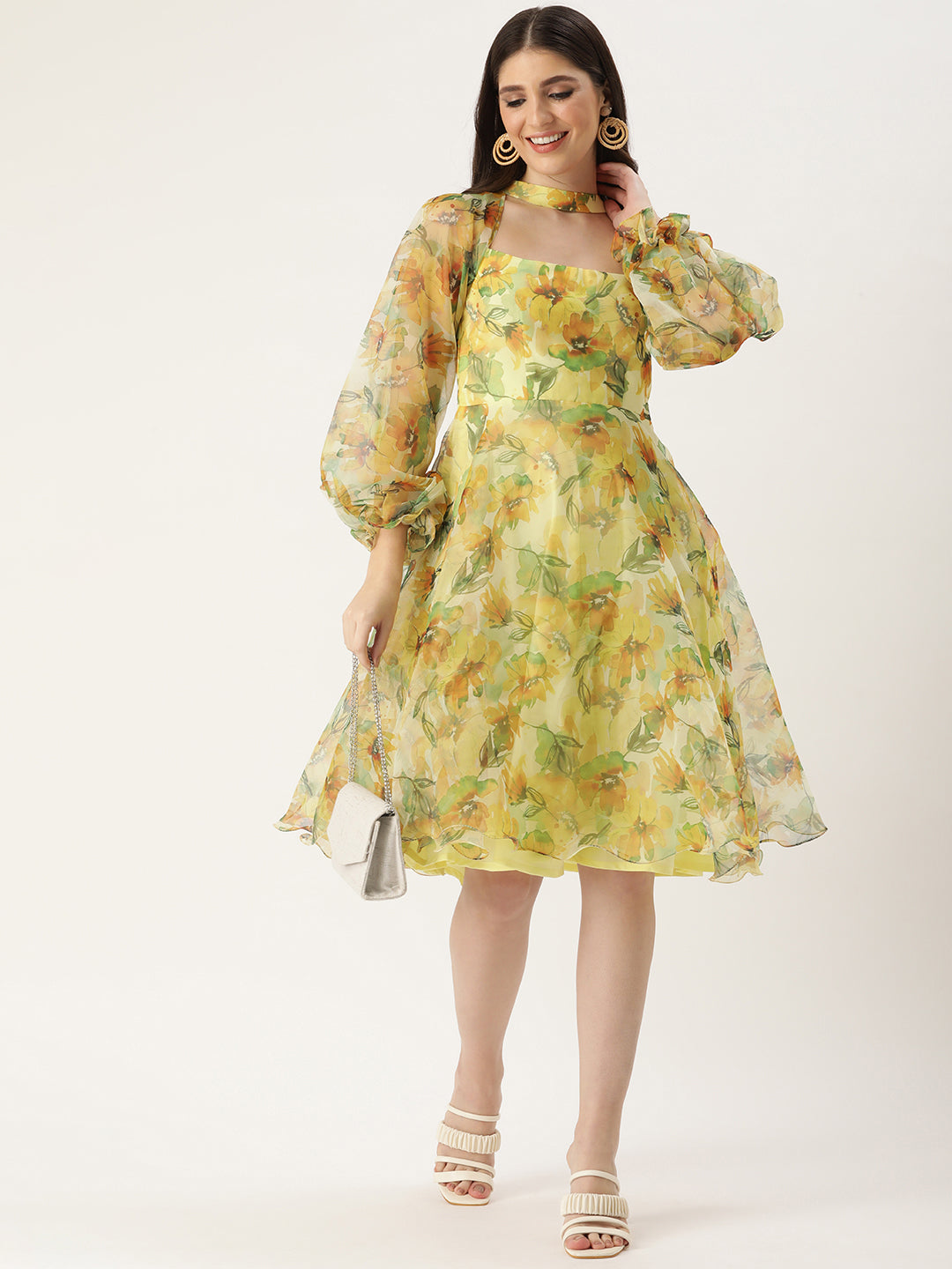Bollywood Vogue Ready To Wear Yellow Organza Mini Dress - Front View