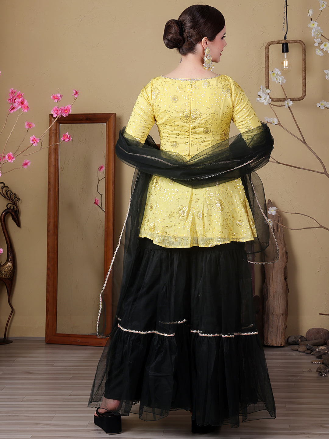 Bollywood Vogue Ready To Wear Yellow Chinon Embroidered N Green Net Gharara Set - Back View