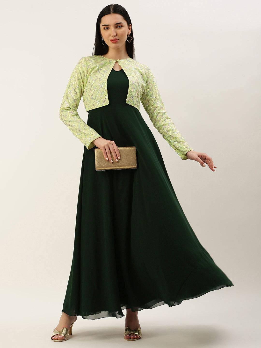 Bollywood Vogue Ready To Wear Green Cotton Embroidered Jacket Style Gown - Front View