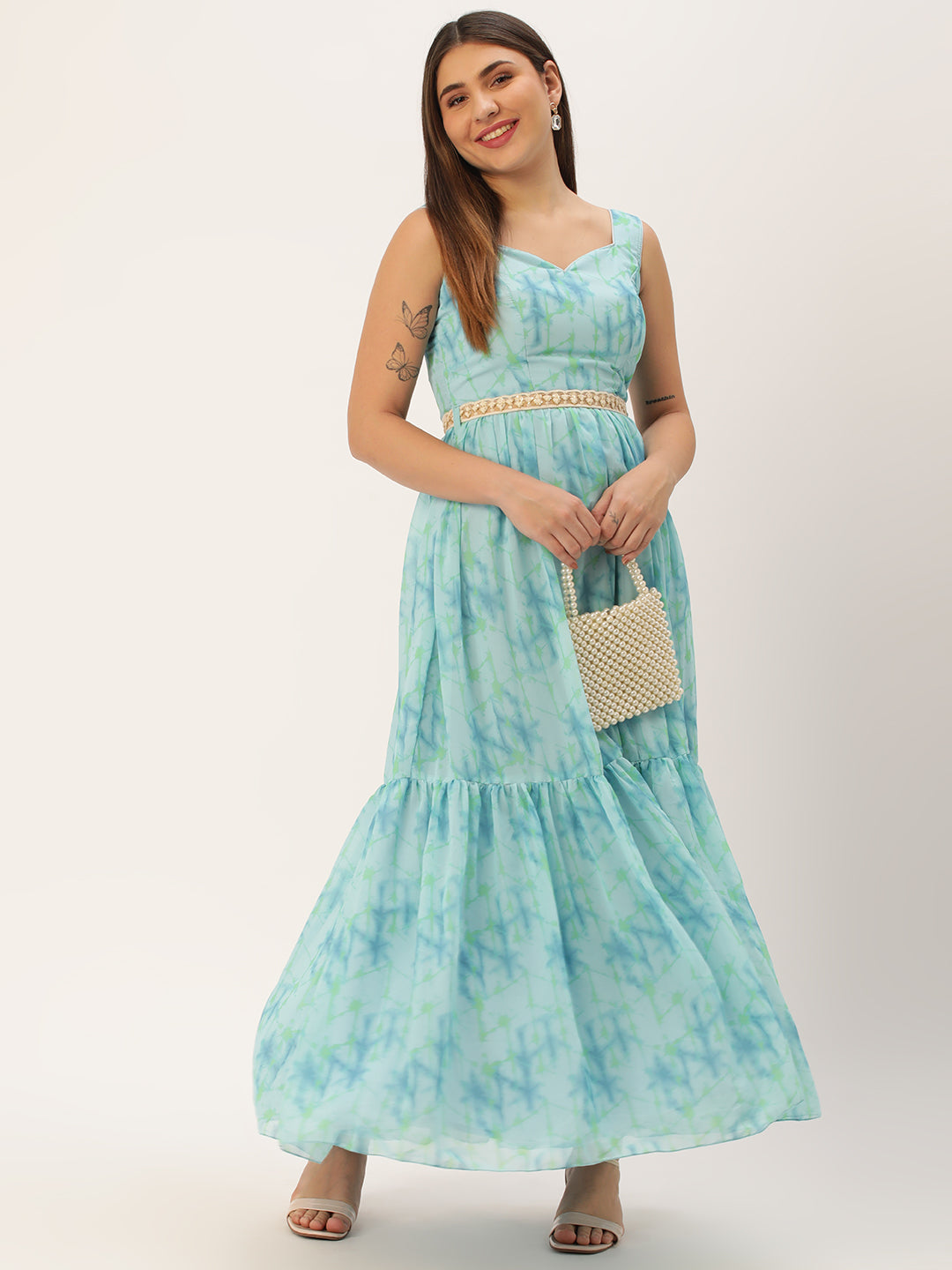 Bollywood Vogue Ready To Wear Blue Digital Print Tiered Dress - Detail View